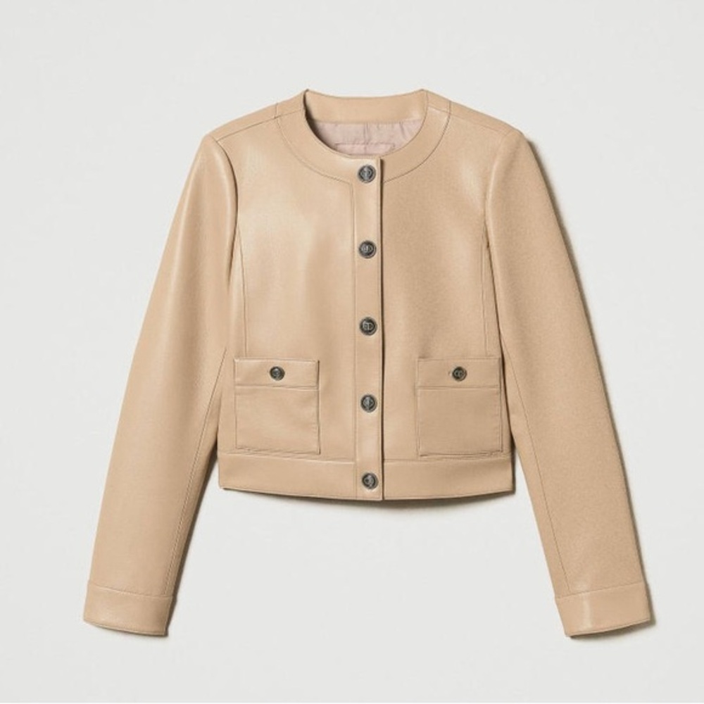Twinset Leather Beige Jacket with Logo Buttons